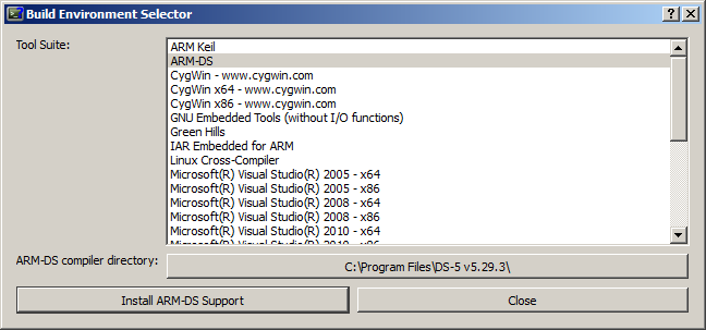 "Installation of Arm DS support in Build Environment Selection"