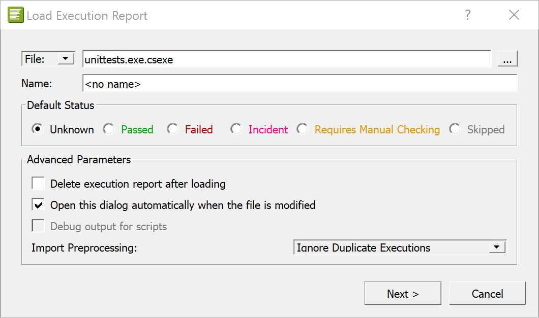 "Load Execution Report dialog"