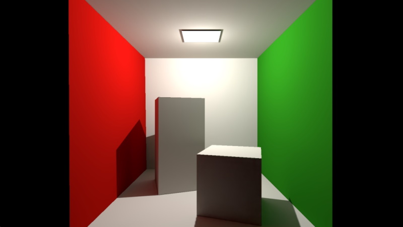 "Cornell box scene with the lightmaps denoised"