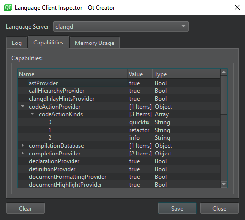 {Language Client Inspector Capabilities tab}