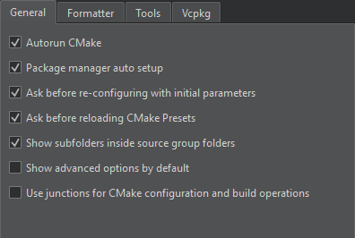 "General tab in CMake Preferences"