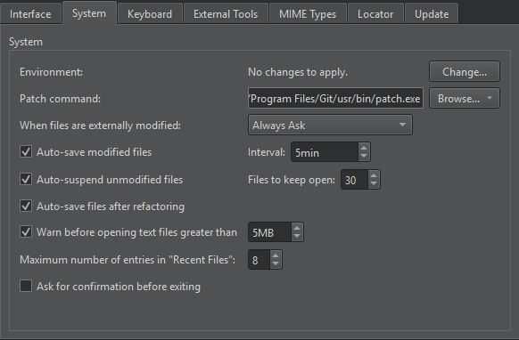 "Environment preferences System tab"