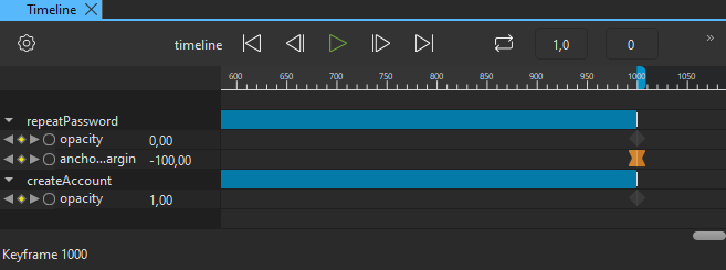 "Timeline view with the recorded property changes"