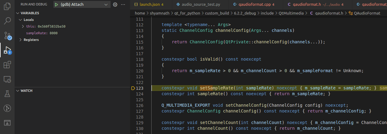 Breakpoint set on C++ implementation