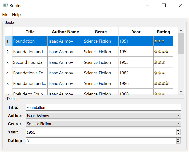 BookWindow with a QTableView and a few input fields