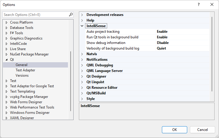 {IntelliSense Qt General Options}