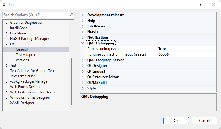 {QML Debugging in Qt General Options}