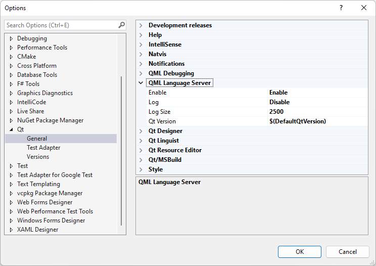 {QML Language Server section in Qt General Options}