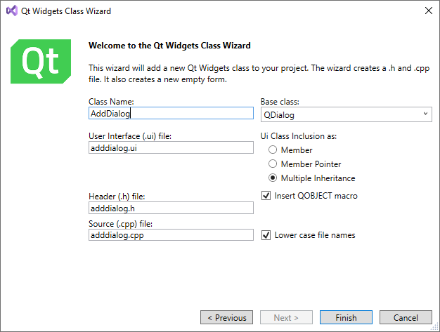 {Creating a class in Qt Widgets Class Wizard}