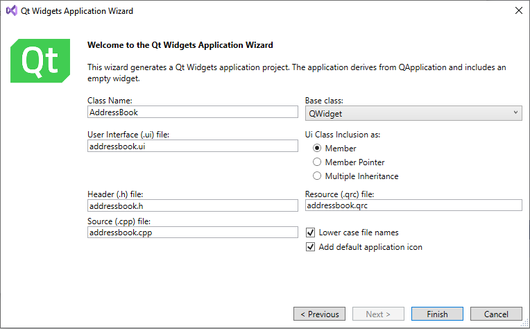 {Creating a class in Qt Widgets Application Wizard}