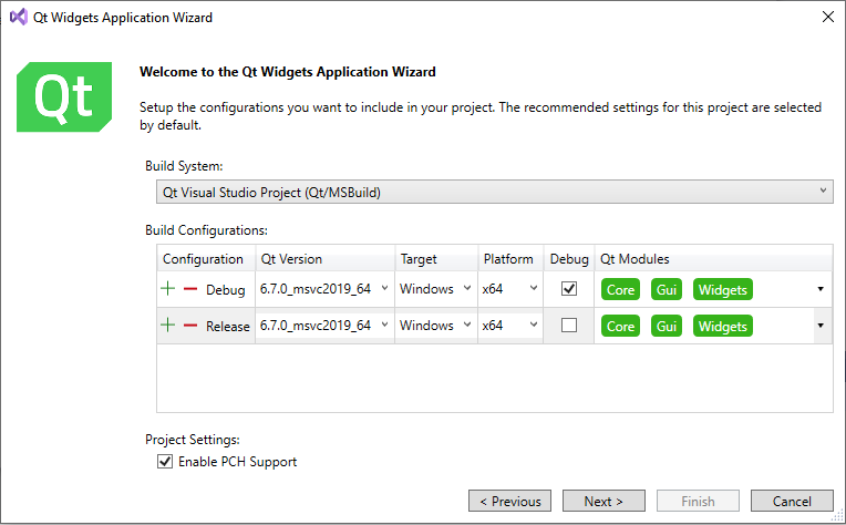 {Selecting Qt modules in Qt Widgets Application Wizard}