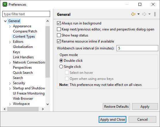 "The Preferences dialog General pane"