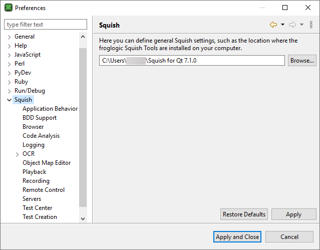 "The Preferences dialog Squish pane"