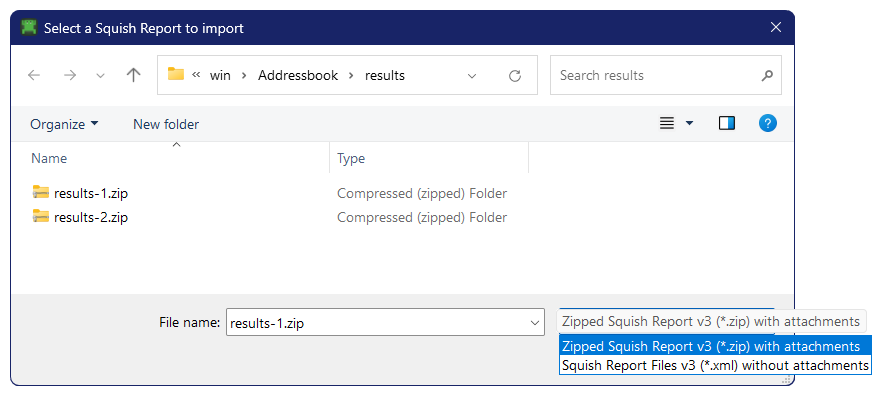 {The file selection dialog for importing test results.}