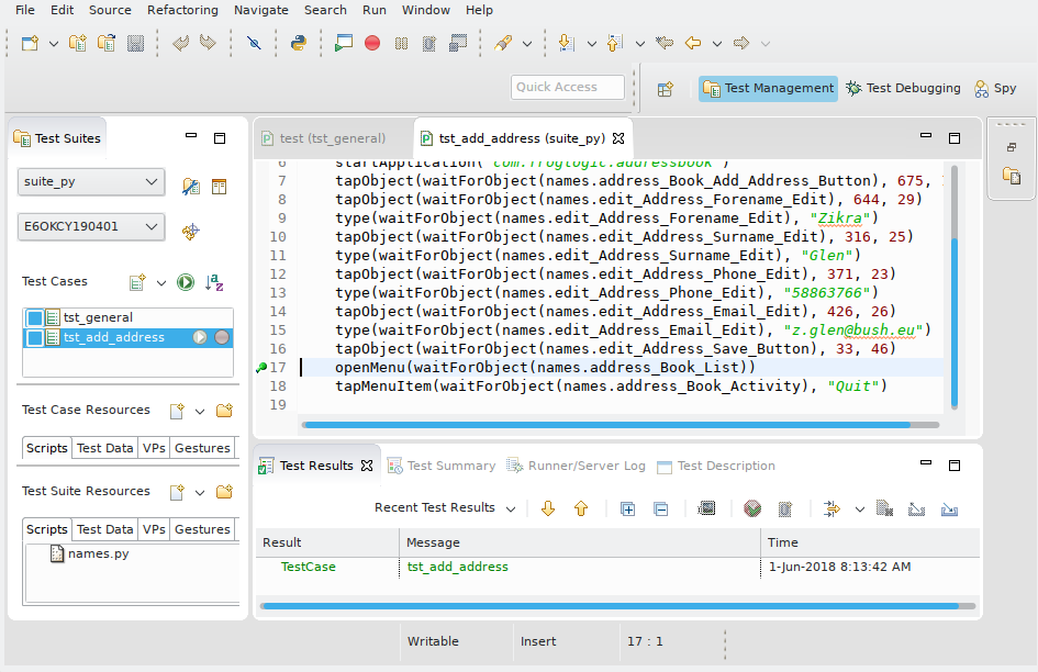 "The tst_add_address test case with a breakpoint"